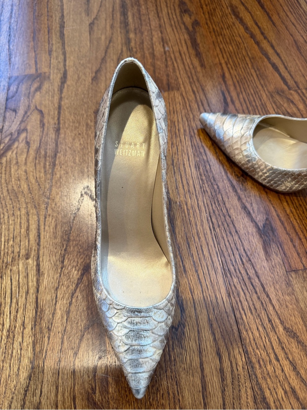 Stuart Weitzman Metallic Snakeskin Pointed-Toe Pump in Gold Cream